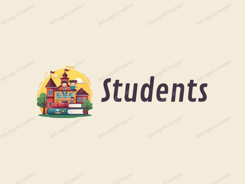 playful design features cheerful students, a stylized school building, books stacked creatively, and a backpack, combined with a vibrant and colorful background.