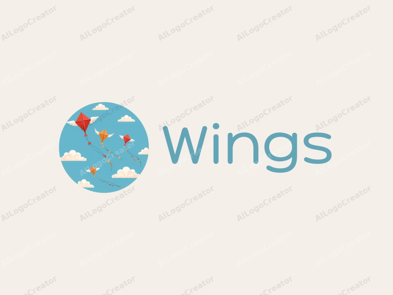 playful design features stylized wings and kites soaring among fluffy clouds, combined with a clean blue background.