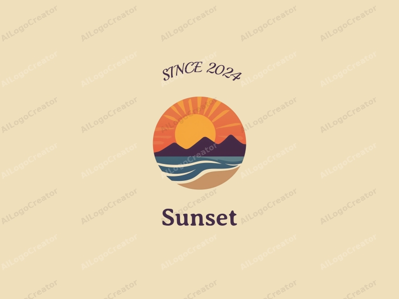 vintage design features a stylized sunset over a beach with mountains in the background, using a harmonious blend of orange and purple colors, combined with a clean and simple composition.