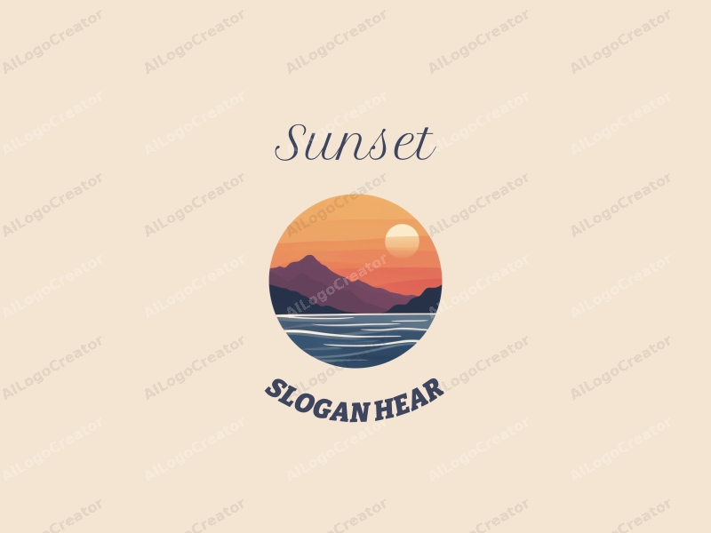 vintage design features a stylized sunset over the ocean with mountains in the background, incorporating warm orange and purple hues, combined with a clean and harmonious layout.