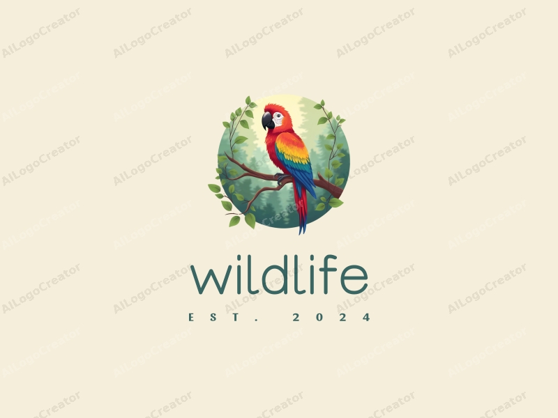 playful design features a vibrant parrot perched on a tree branch, surrounded by lush green foliage and a serene forest backdrop, combined with a clean and harmonious composition.