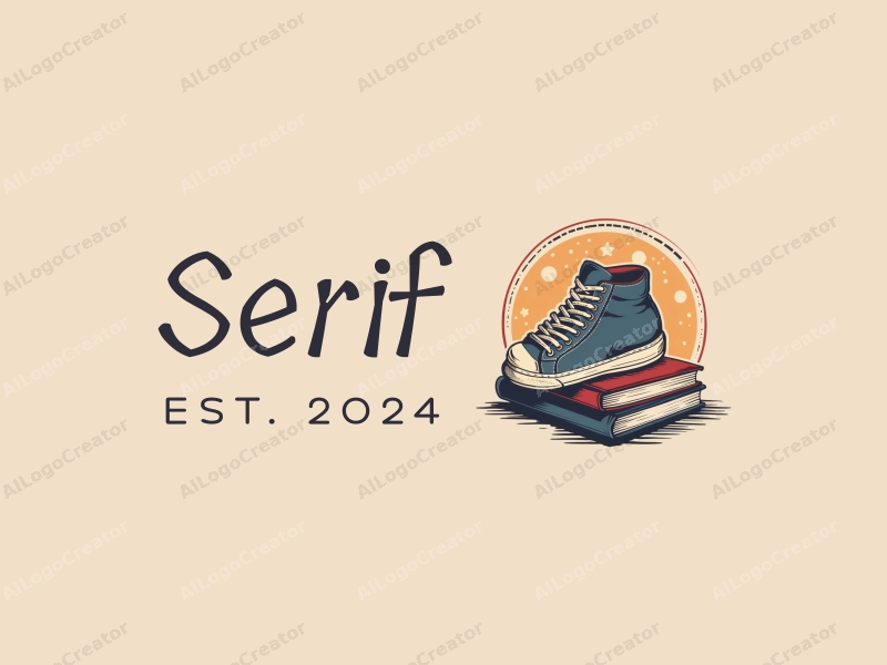 vintage design features serif fonts, a stylized sneaker and book combination, with a clean background and harmonious layout.