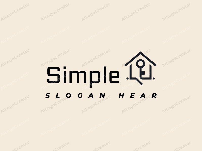 minimalist design features a stylized house silhouette and a key, combined with a clean background and simple lines.