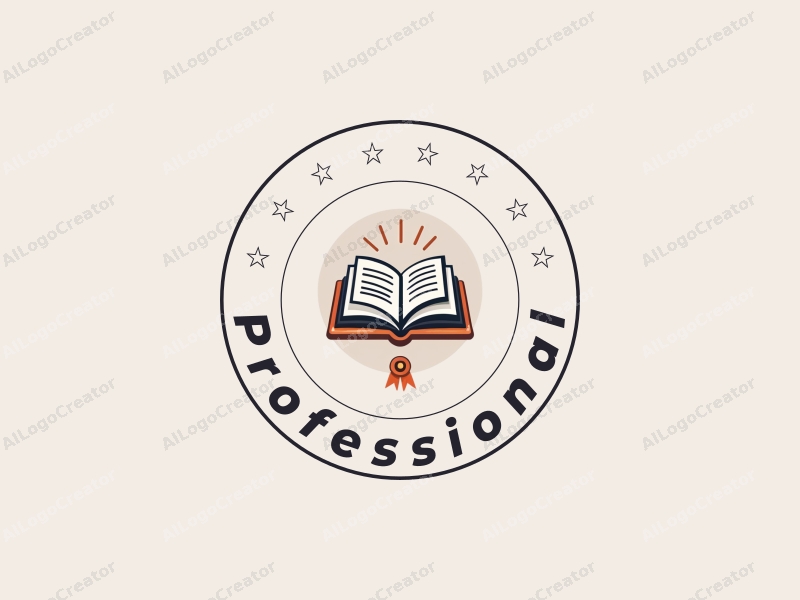 modern design features a stylized book and a certification stamp, combined with a clean background and a professional aesthetic.