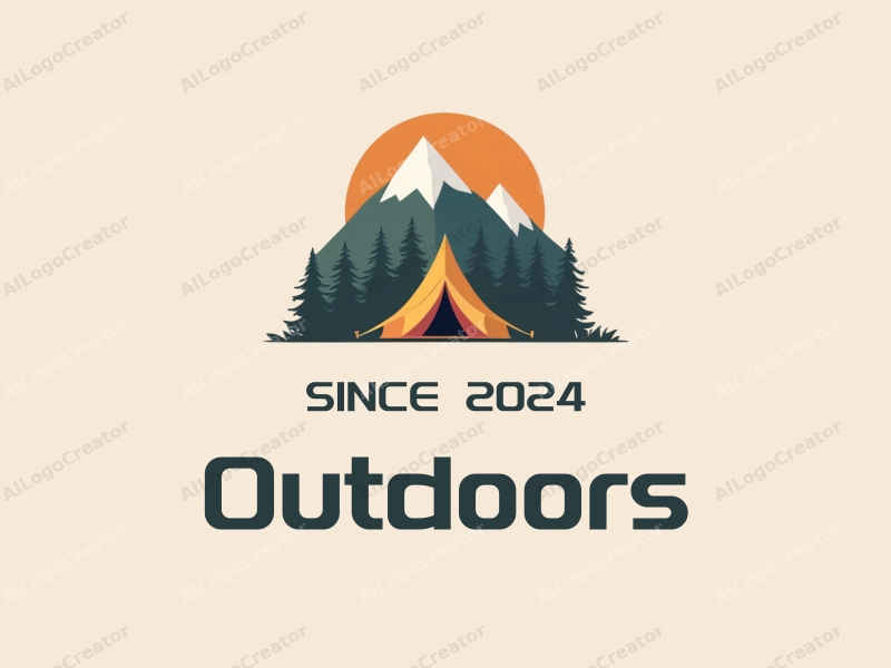 modern design features a stylized camping tent and mountain peak, combined with a clean background and a harmonious composition.