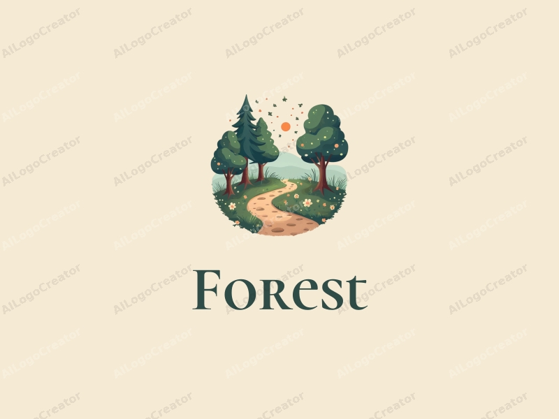 vintage design features a serene forest scene with stylized trees, scattered leaves, and a winding pathway, combined with a clean background.