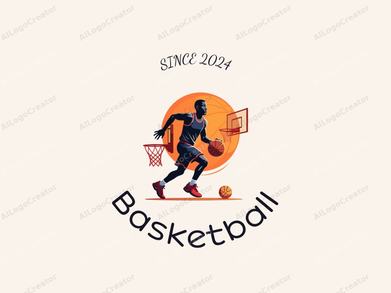 playful design features a dynamic athlete dribbling a basketball, a stylized basketball hoop in the background, and vibrant orange accents combined with a clean and simple layout.