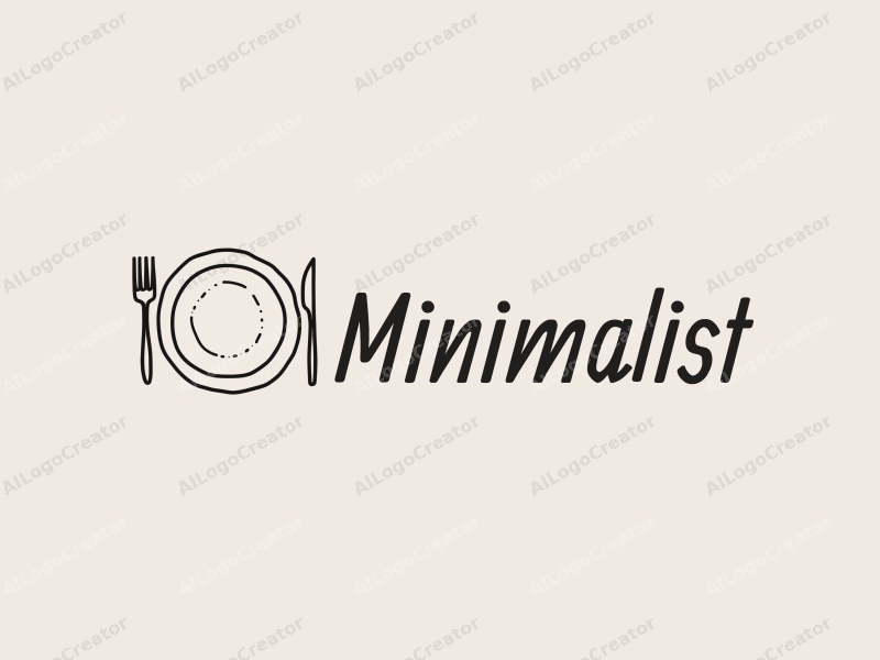 minimalist design features a stylized plate with a knife and fork, using clean lines and a black and white color scheme, combined with a simple background.