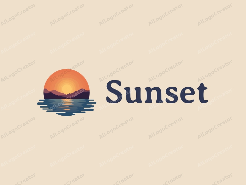 vintage design features a stylized sunset over the ocean with mountains in the background, incorporating warm orange and purple hues, combined with a clean and harmonious layout.