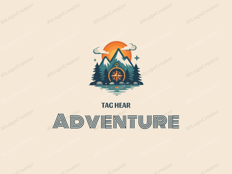 playful design features stylized mountains, a whimsical compass, and adventure elements combined with a clean background.