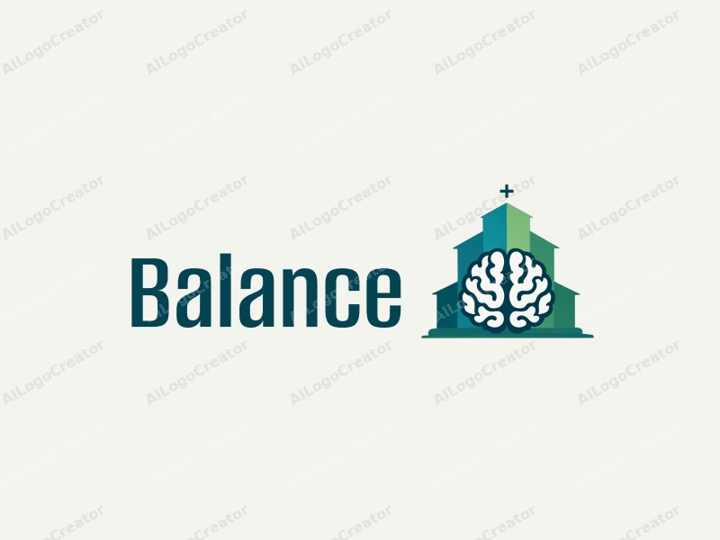 a modern design featuring a stylized brain and architectural elements, emphasizing balance and harmony, with a clean background in blue and green tones.