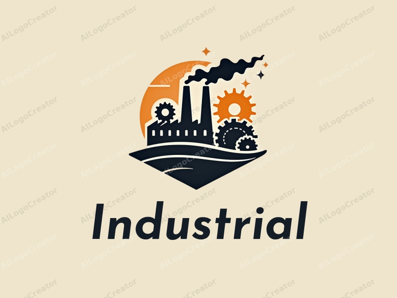 modern design features a stylized factory silhouette, interlocking gears, and welding elements combined with a clean background.