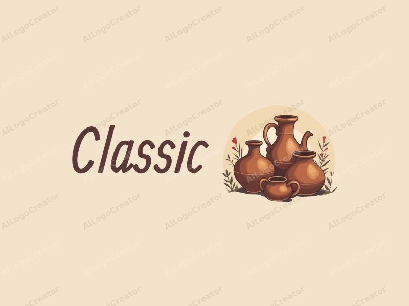 vintage design features classic pottery shapes, cartoon-style illustrations, and a harmonious blend of dark and neutral colors combined with a clean background.