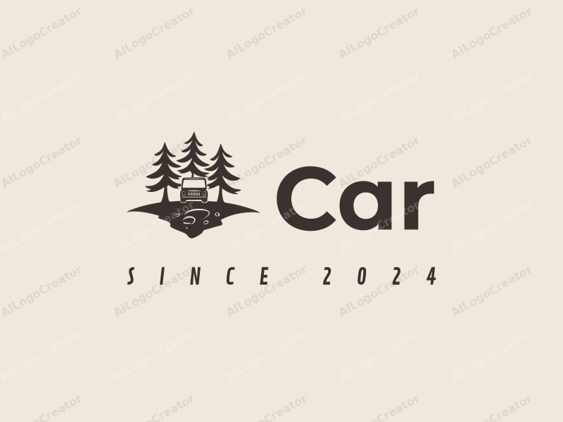 modern design features a stylized car silhouette, a tree, and a rock, combined with a clean background.