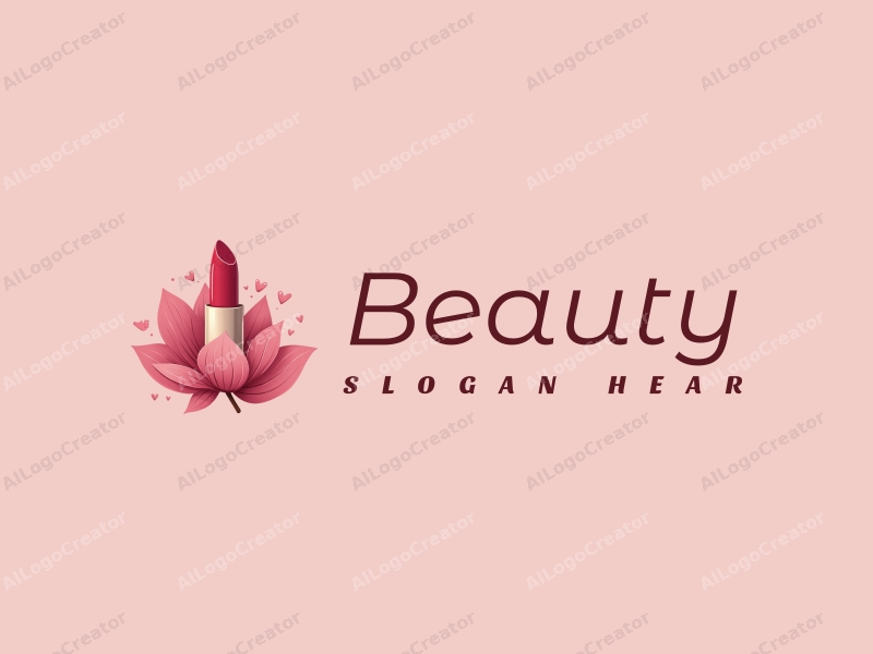 modern design features elegant petals, a stylized lipstick, and beauty elements combined with a clean pink background.