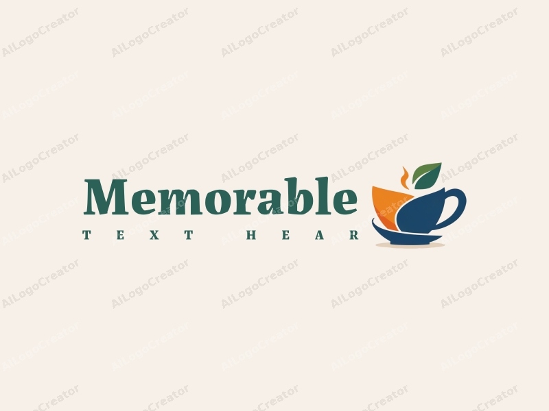 playful design features a stylized teacup with a leaf integrated into the handle, using blue and orange colors, combined with a clean background.