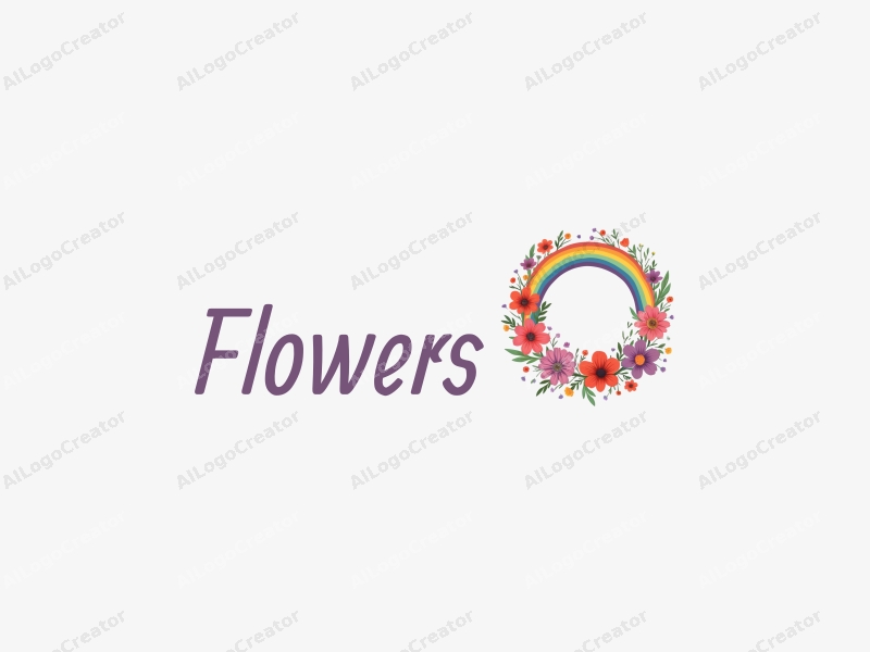 playful design features vibrant flowers and petals arranged in a circular wreath, complemented by a colorful rainbow, combined with a clean background.