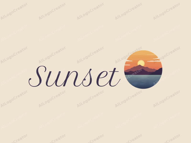 vintage design features a stylized sunset over the ocean with mountains in the background, incorporating warm orange and purple hues, combined with a clean and harmonious layout.