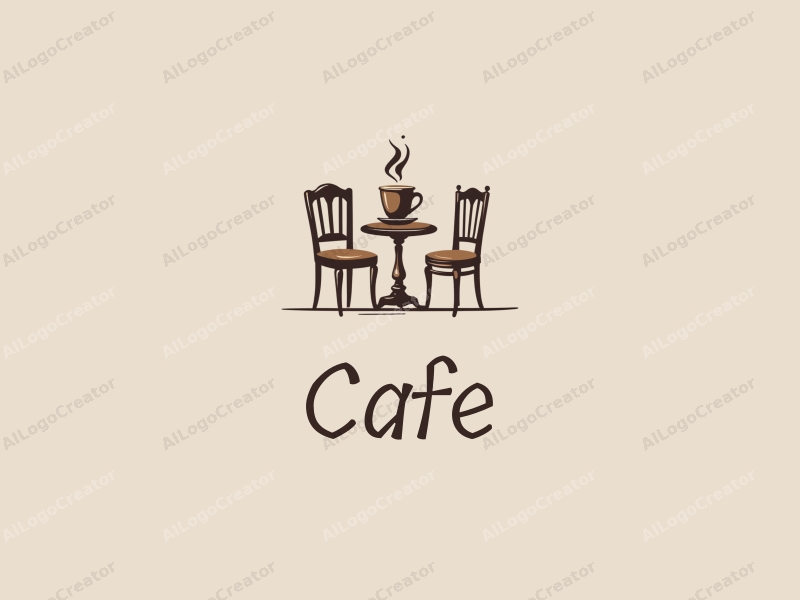 vintage design features a stylized coffee cup, classical table, and chairs, combined with a clean background.