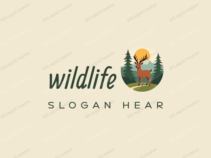 playful design features a stylized deer and pine trees, surrounded by natural landscapes, combined with a clean background and a harmonious composition.