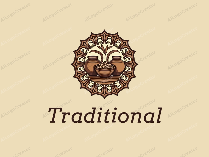 vintage design features traditional wood carving and pottery elements, combined with a harmonious composition of brown and beige colors against a clean background.