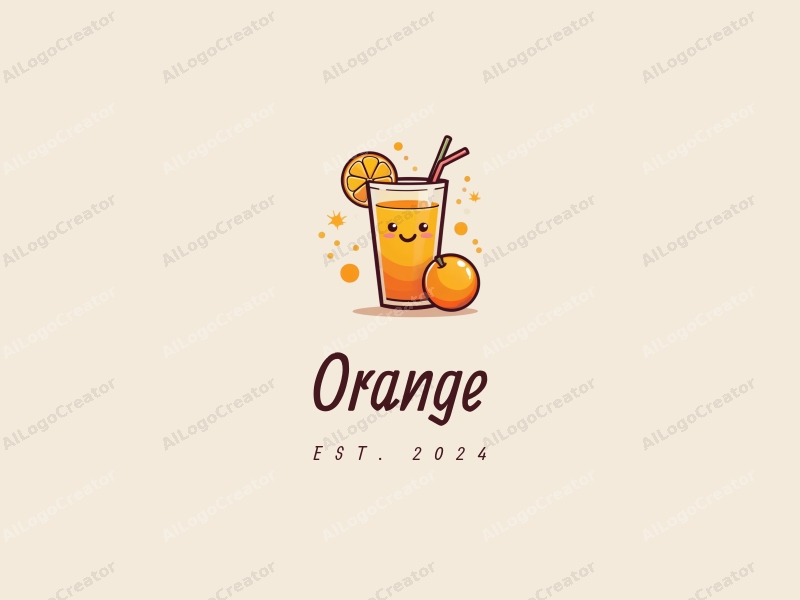 playful design features a vibrant orange, a stylized juice splash, and a cheerful drink cup, combined with a clean background.