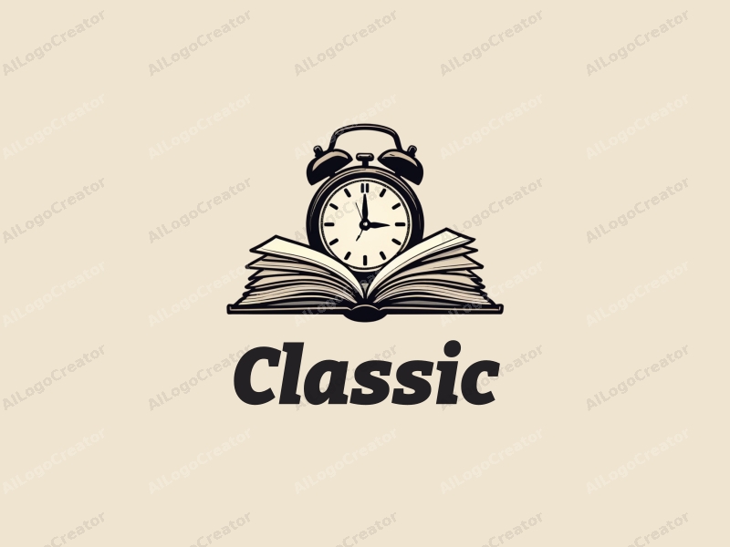 vintage design features a classic clock intertwined with open books, showcasing traditional elements combined with a clean background.