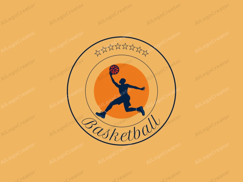 playful design features a dynamic silhouette of an athlete performing a dunk, with a stylized basketball, combined with a clean background in vibrant orange.