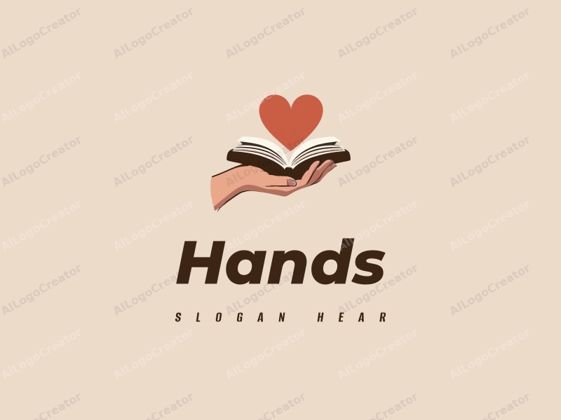 a modern design featuring a hand gently holding a book and a heart, with skin tone colors, creating a harmonious and clean composition.