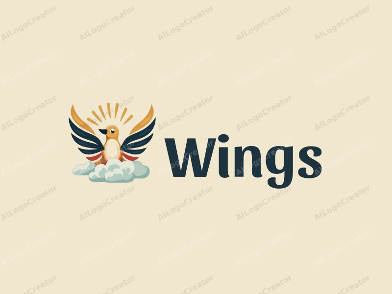 playful design features stylized wings and feathers soaring through fluffy clouds, combined with a clean background.