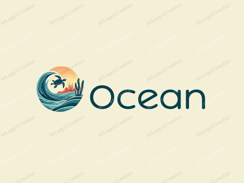 a modern design featuring stylized ocean waves, a sea turtle, and coral elements, combined with a clean background and a harmonious composition.