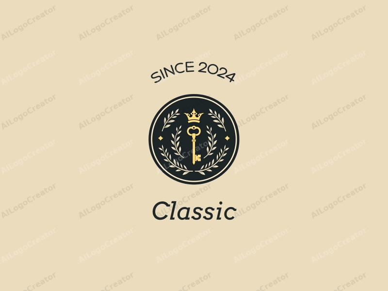 vintage design features a golden key and a crown, combined with classic and traditional motifs, set against a clean background with dark and neutral tones.