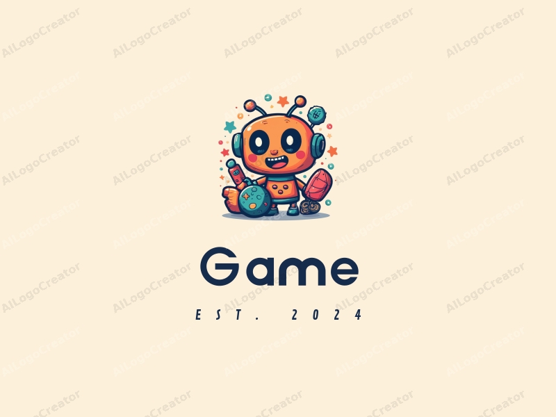 playful design features vibrant game elements, whimsical toy imagery, colorful candy motifs, and stylized robot shapes combined with a clean background.