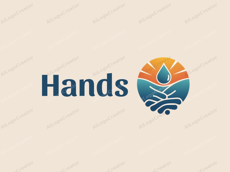 a modern design featuring a stylized hand grasping a droplet of water and a sun, combined with a clean background and harmonious composition.