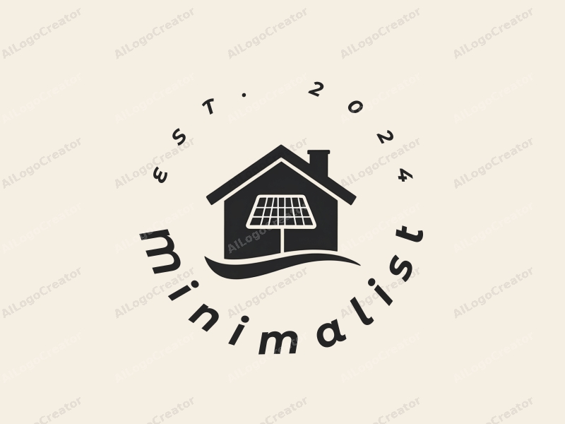 minimalist design features a stylized house silhouette with a solar panel, incorporating clean lines and a harmonious black and white color scheme on a simple background.