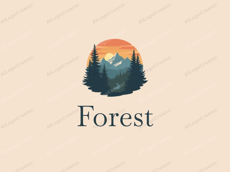 vintage design features stylized trees and mountains, with rays of sunlight filtering through a lush forest, combined with a clean background.