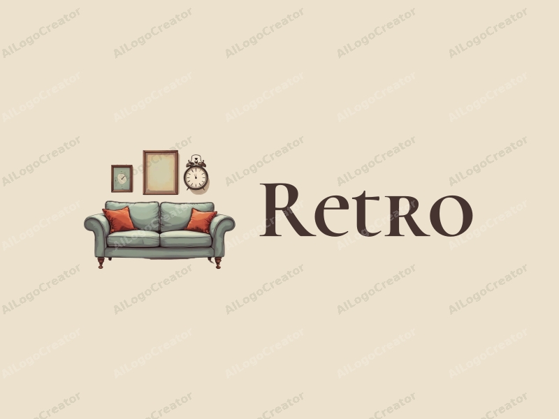 vintage design features a retro sofa and a retro poster, combined with elements of linen fabric and an antique clock, set against a clean background.