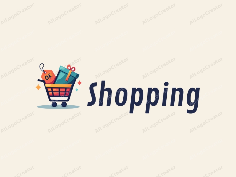 a modern design featuring a colorful shopping cart and a discount tag, combined with elements of a mall, creating a harmonious and clean composition.