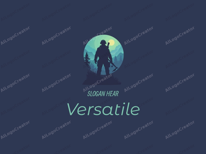 modern design features a stylized soldier silhouette, adaptable elements representing versatility, and a post-apocalyptic theme combined with a clean background in blue and green colors.