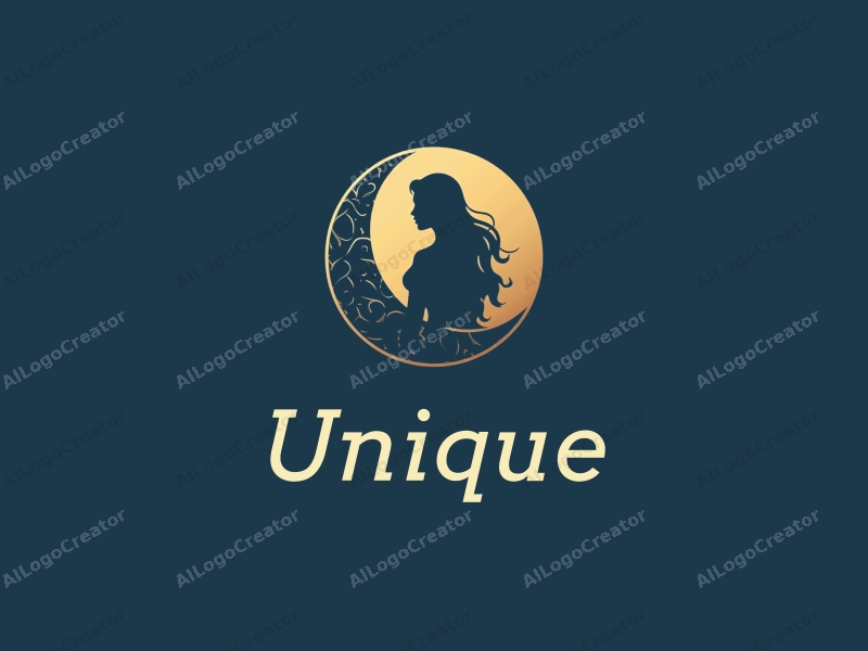 a modern minimalist design featuring a stylized moon and goddess silhouette, incorporating blue and gold colors with a clean background and innovative design approach.