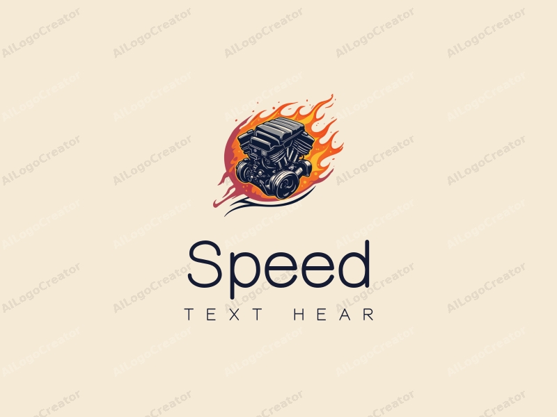 a modern design featuring dynamic elements of speed and power, incorporating stylized flames and an engine silhouette, combined with a clean background.