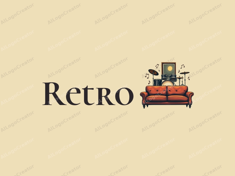 vintage design features a retro sofa and a retro poster, combined with a drum set and vintage musical notes, set against a clean background.