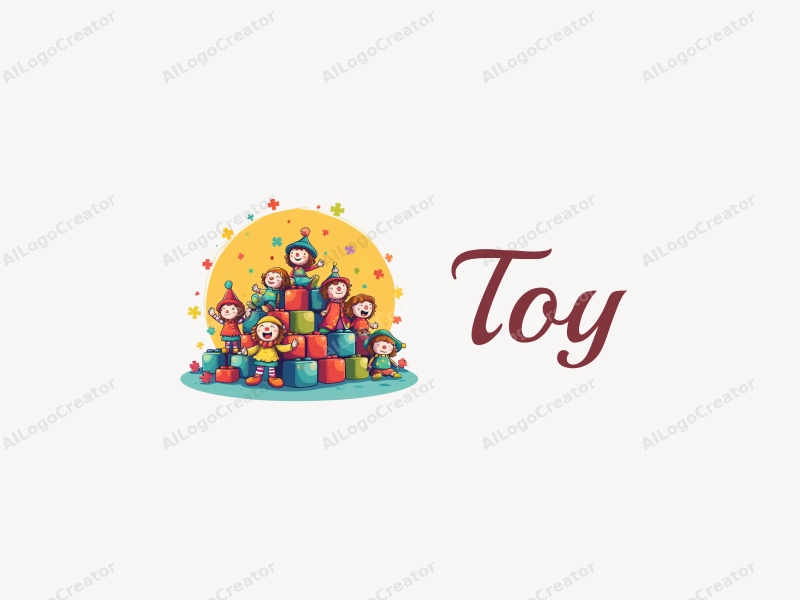 playful design features a whimsical arrangement of dolls, puzzles, clowns, and building blocks, combined with a vibrant and colorful background.