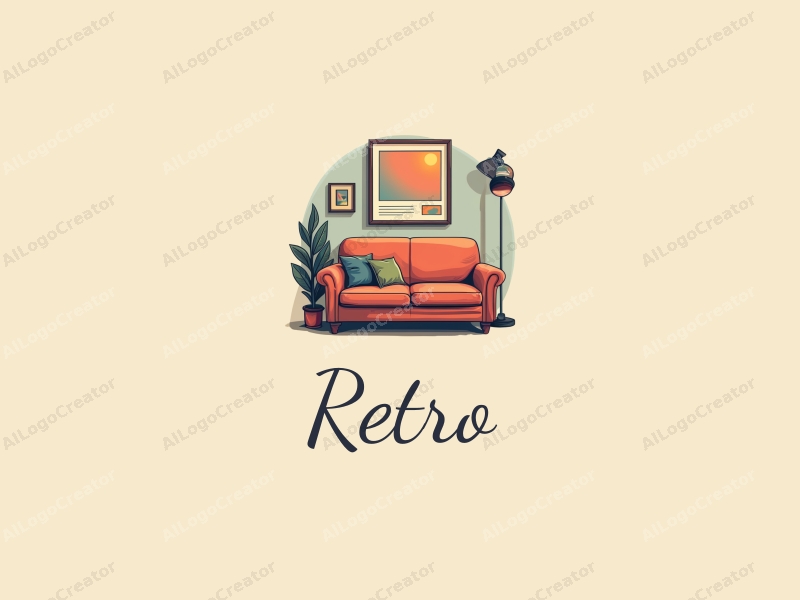 vintage design features a retro sofa and a retro poster, combined with a camera and website elements, creating a harmonious and clean composition.