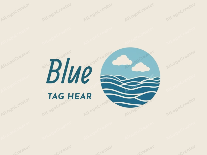 minimalist design features abstract representations of the ocean and sky, incorporating water droplets and clouds, combined with a clean background.