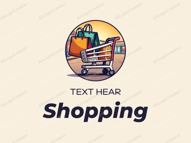 a modern design featuring a colorful shopping cart and shopping bag, combined with a vibrant mall background, emphasizing a clean and harmonious composition.