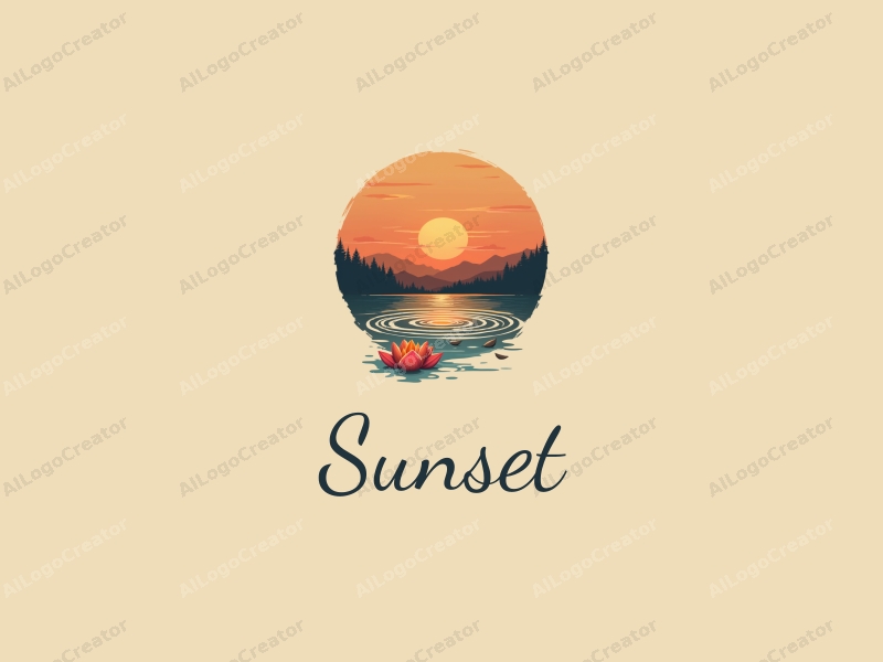 vintage design features a serene sunset over a picturesque landscape, with delicate petals floating on water ripples, combined with a clean background.