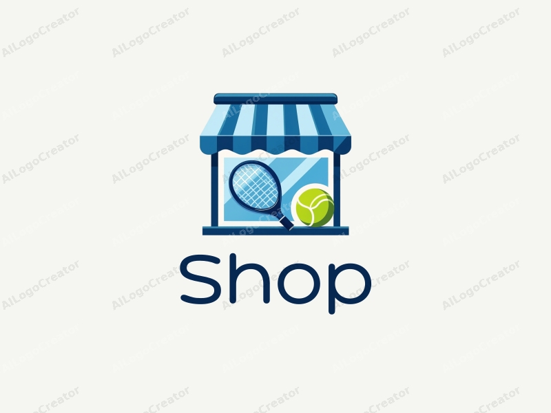 a modern design featuring a stylized shop front, a tennis racket and ball integrated into the composition, using a clean and simple layout with a blue color palette.