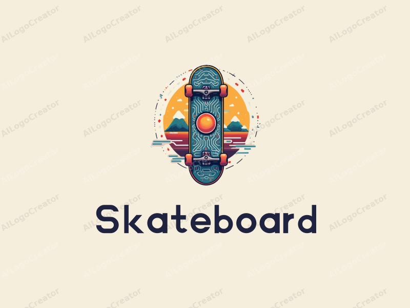 playful design features a stylized skateboard, dynamic waves, and circuit patterns combined with a vibrant color scheme and a clean background.