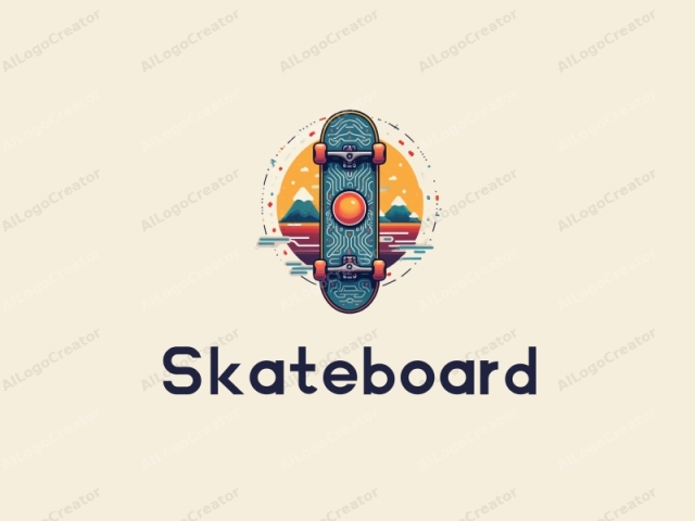 fröhliches Design mit einem stilisierten Skateboard, dynamischen Wellen und Schaltkreismustern kombiniert mit einem lebendigen Farbschema und einem sauberen Hintergrund.